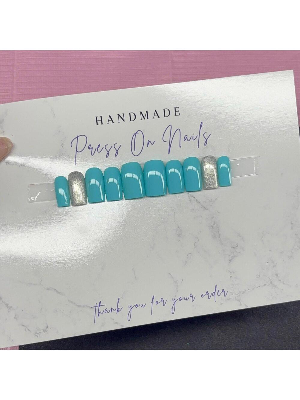 Short square Press on nails silver glitter teal light blue handmade custom gel - Picture 6 of 8